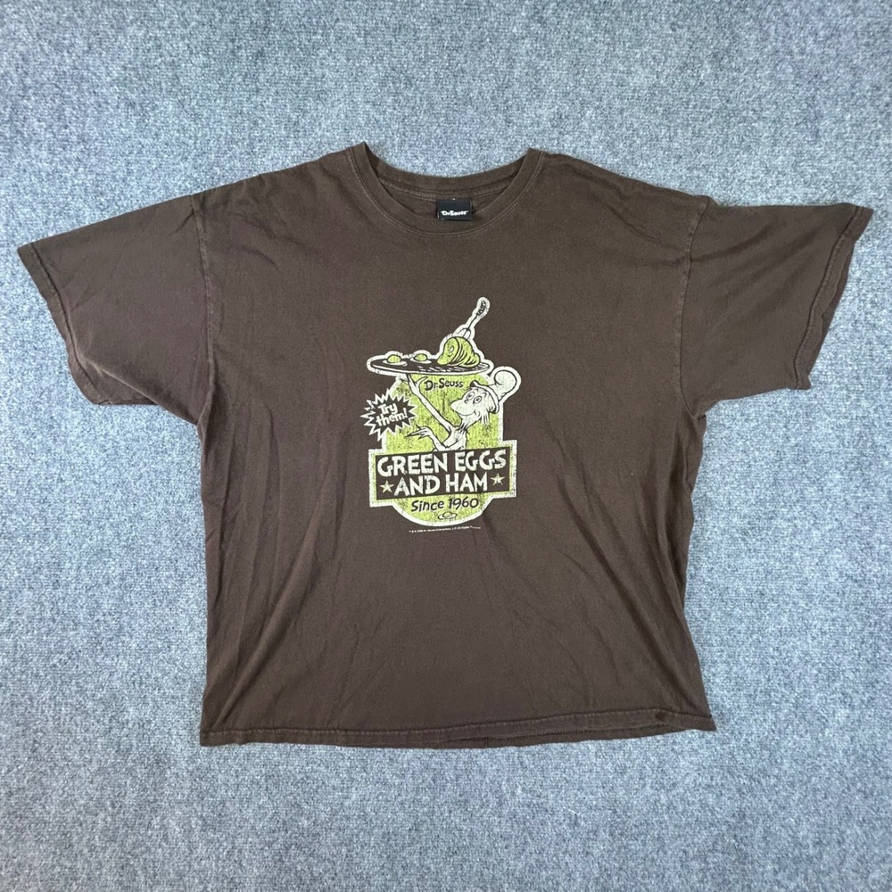 Dr Seuss Green Eggs and Ham Graphic T-Shirt Mens XL Brown Short Sleeve Cotton